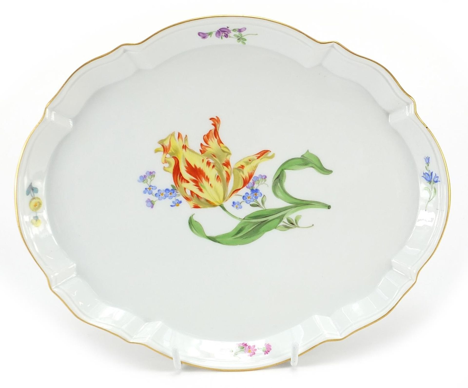 Meissen, German porcelain tray hand painted with flowers, 27cm wide