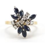 Unmarked gold diamond and sapphire flower head ring, size P, 5.6g