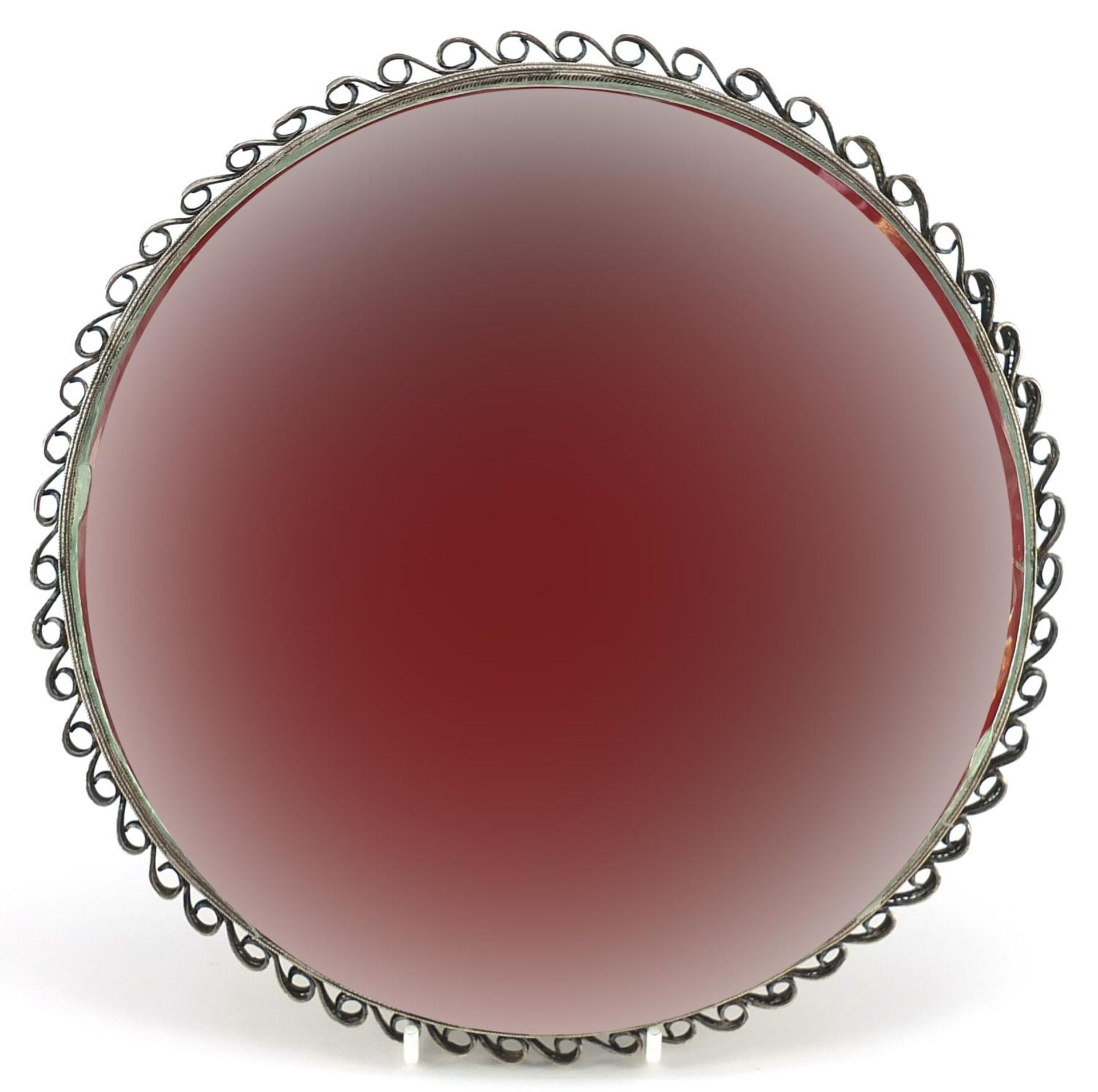 Indian Goa silver filigree mirror with bevelled glass, 23.5cm cm in diameter