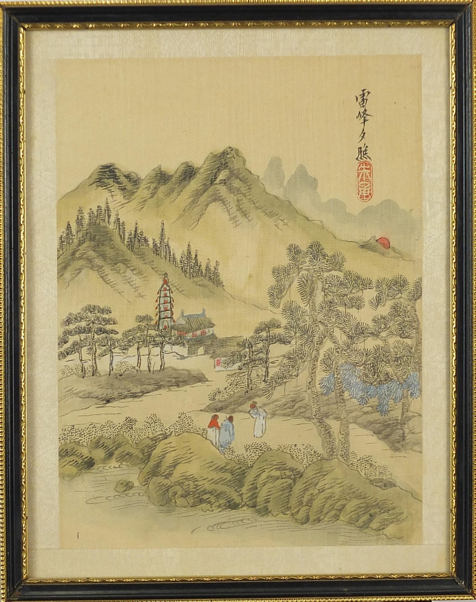 Mountainous landscapes and pagodas, pair of Chinese watercolours on silk, one with character marks - Image 6 of 8