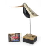 Guy Taplin, early painted wood carving of a plover bird on square block base, signed to the