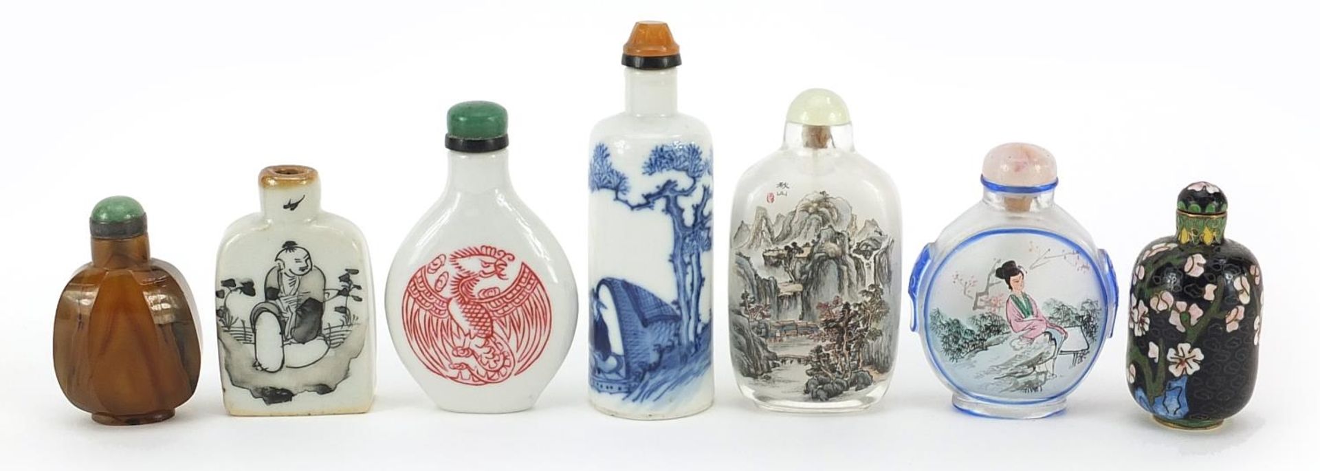 Chinese snuff bottles including internally hand painted, cloisonne and porcelain examples, the