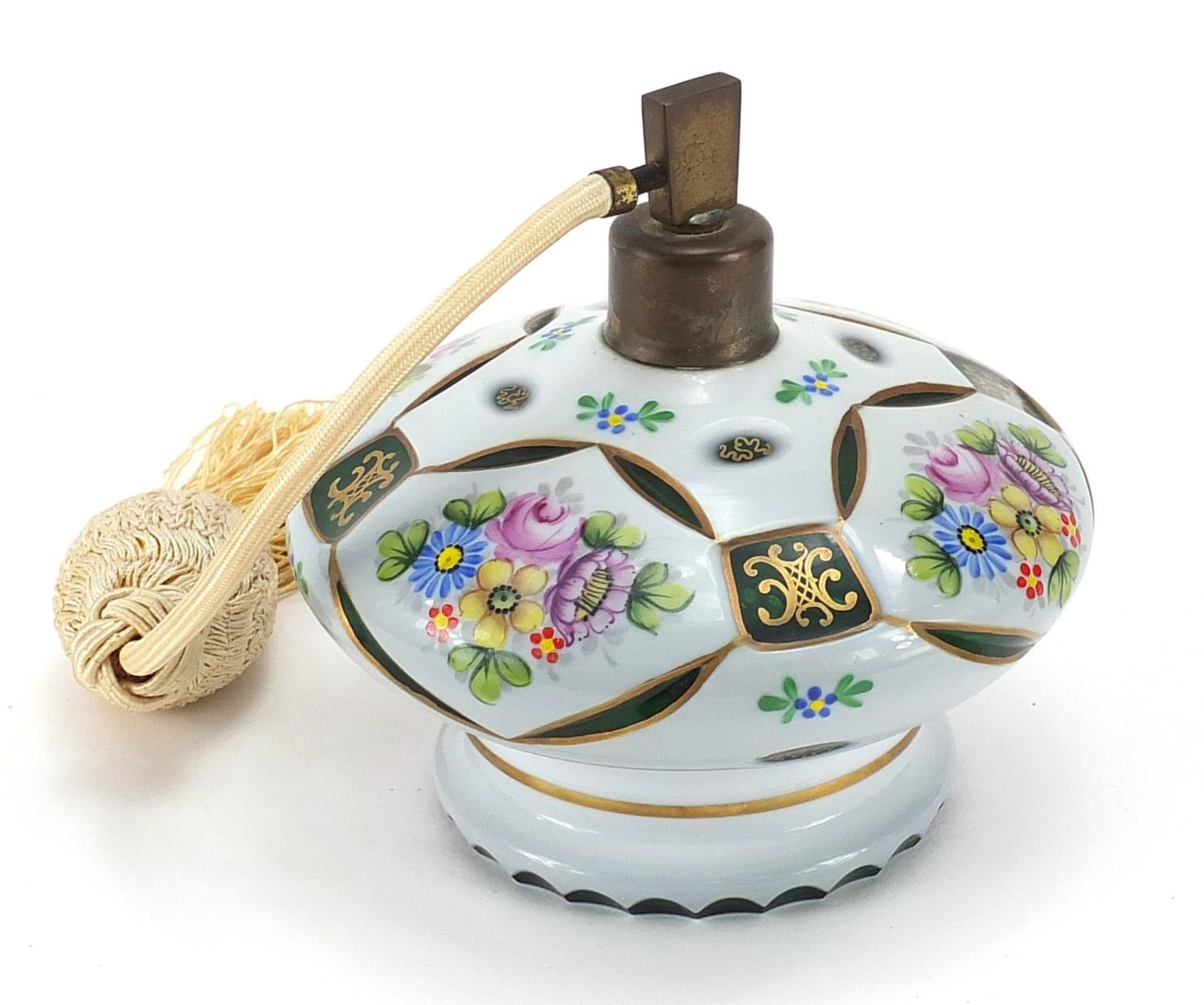 Bohemian white overlaid green glass atomiser hand painted with flowers in the style of Moser, 12cm - Image 2 of 3