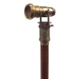 Hardwood walking stick with brass two draw telescope and compass handle, 100cm in length