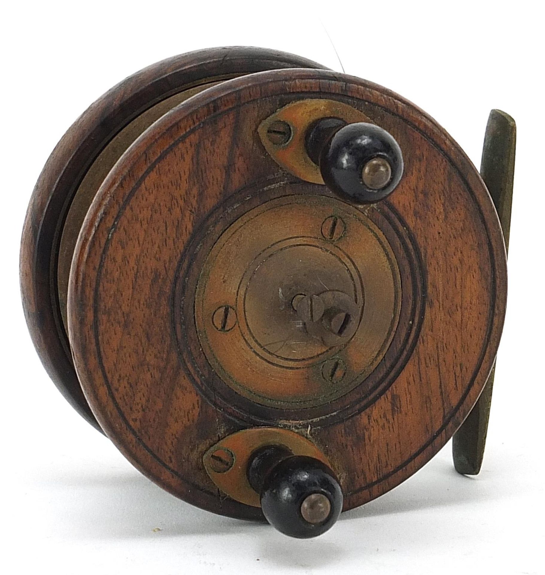 S Allcock, Victorian brass mounted 3.5 inch fishing reel