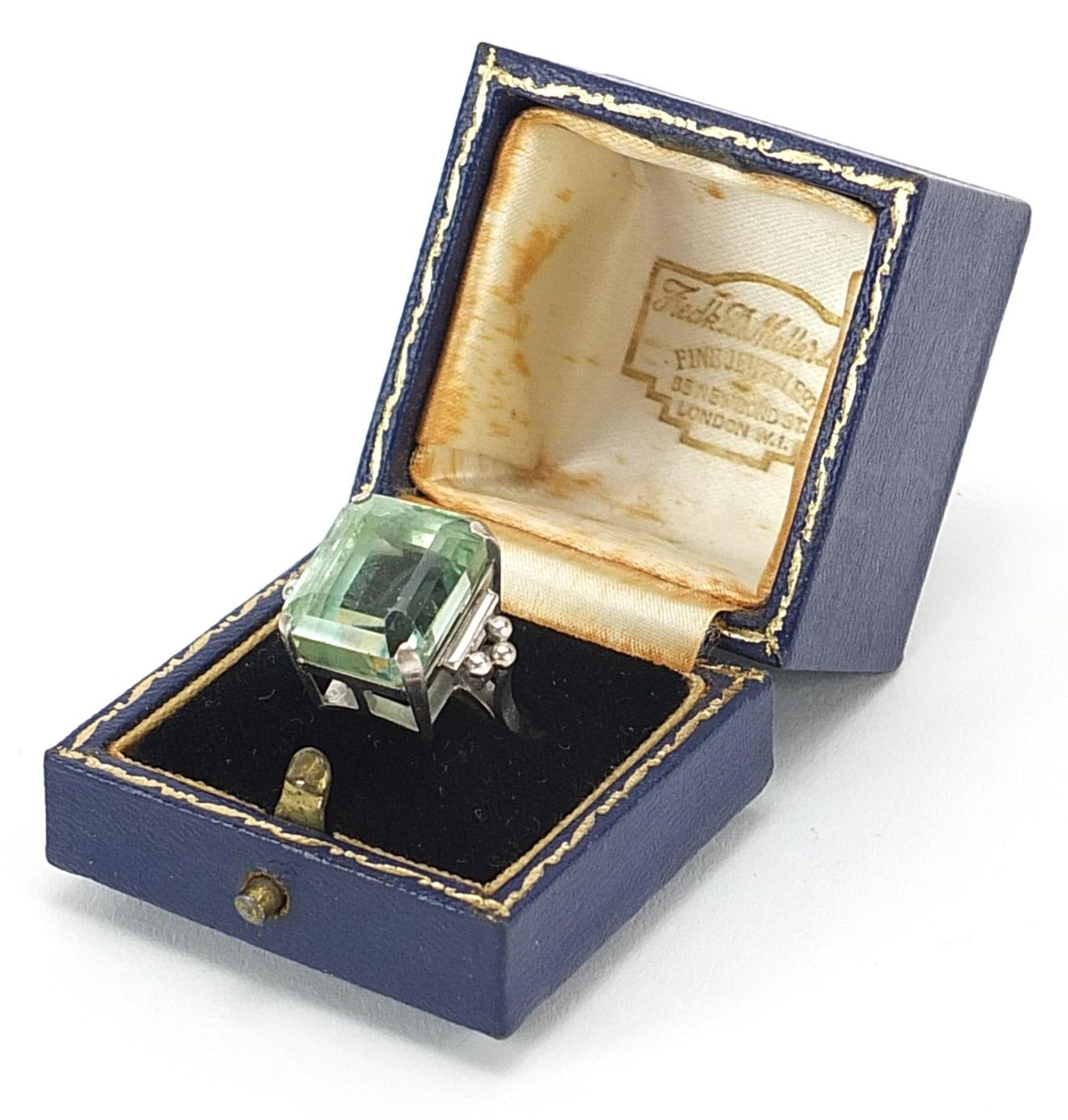 1970s Art Deco style 18ct white gold green stone ring, possibly green tourmaline, housed in a - Image 4 of 5