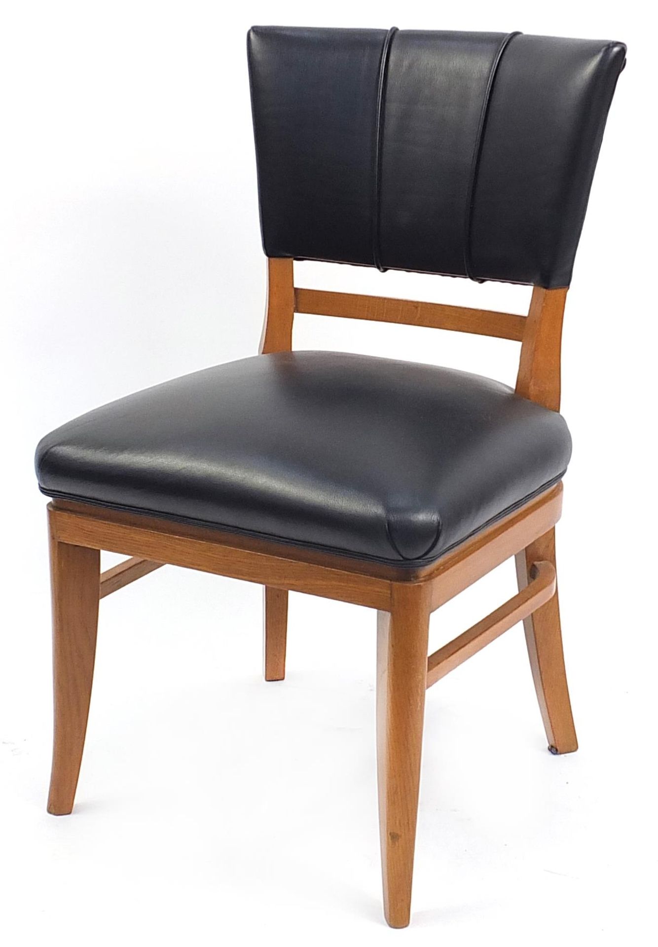 Art Deco fan design oak framed chair with black leather upholstery, 85.5cm high