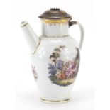 Meissen, German porcelain jug with unmarked silver lid, hand painted with panels of merry figures,