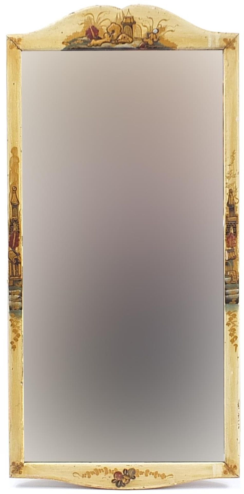 Antique Chinoiserie lacquered wall mirror with bevelled glass, 59cm x 28.5cm
