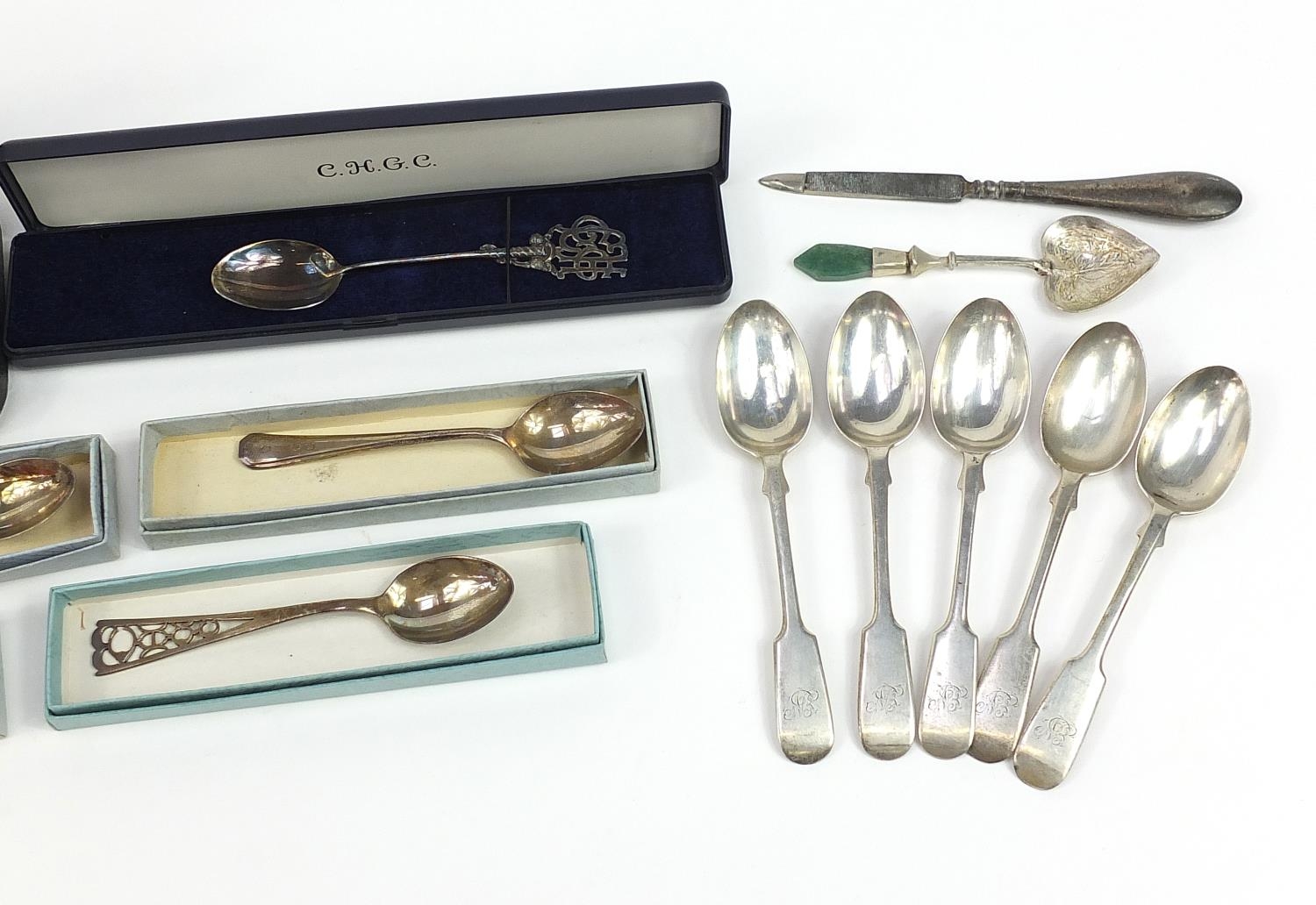 Victorian and later silver including two sets of five teaspoons, two napkin rings and christening - Image 3 of 4