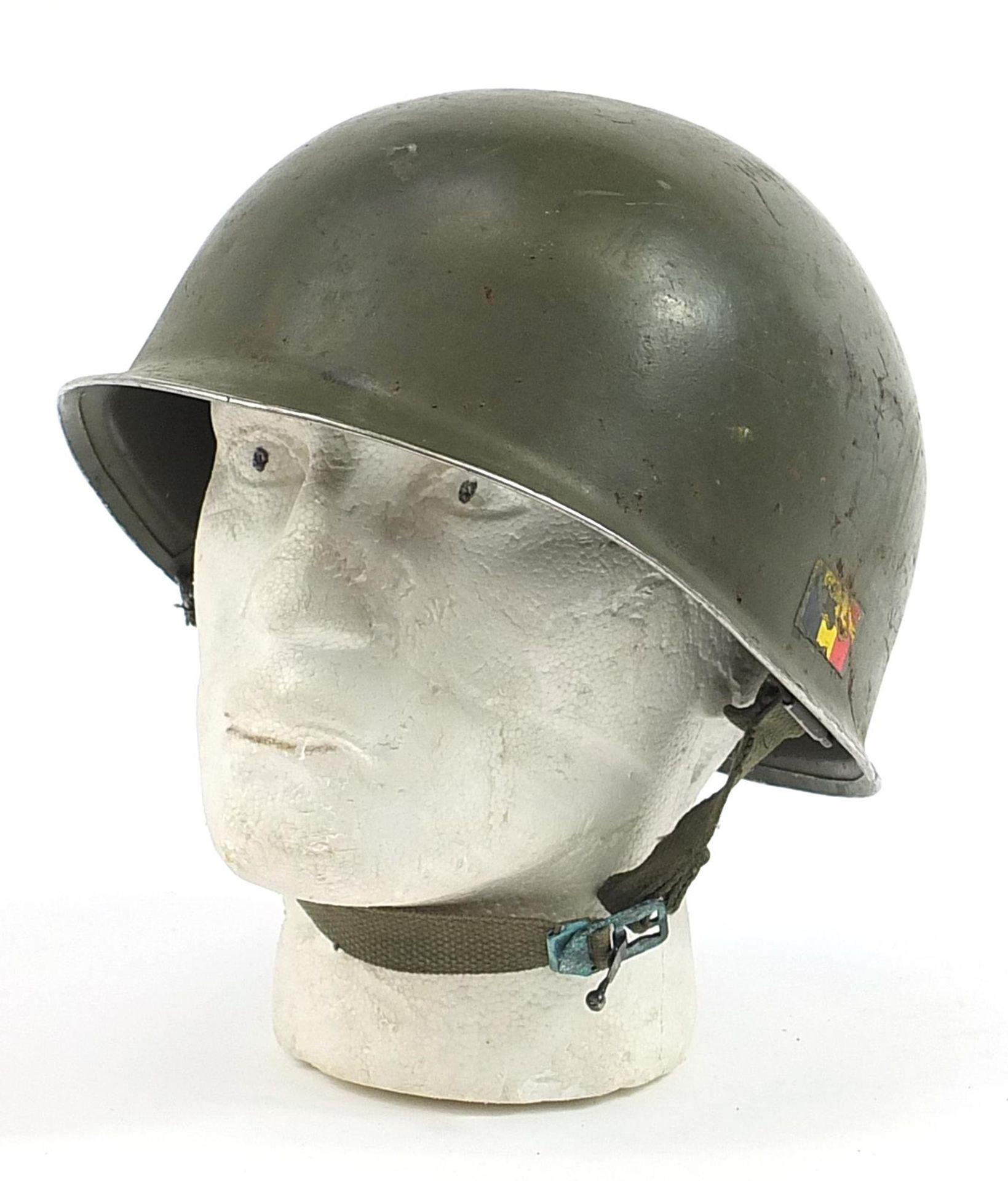 Military interest M1 tin helmet with painted Belgian flag