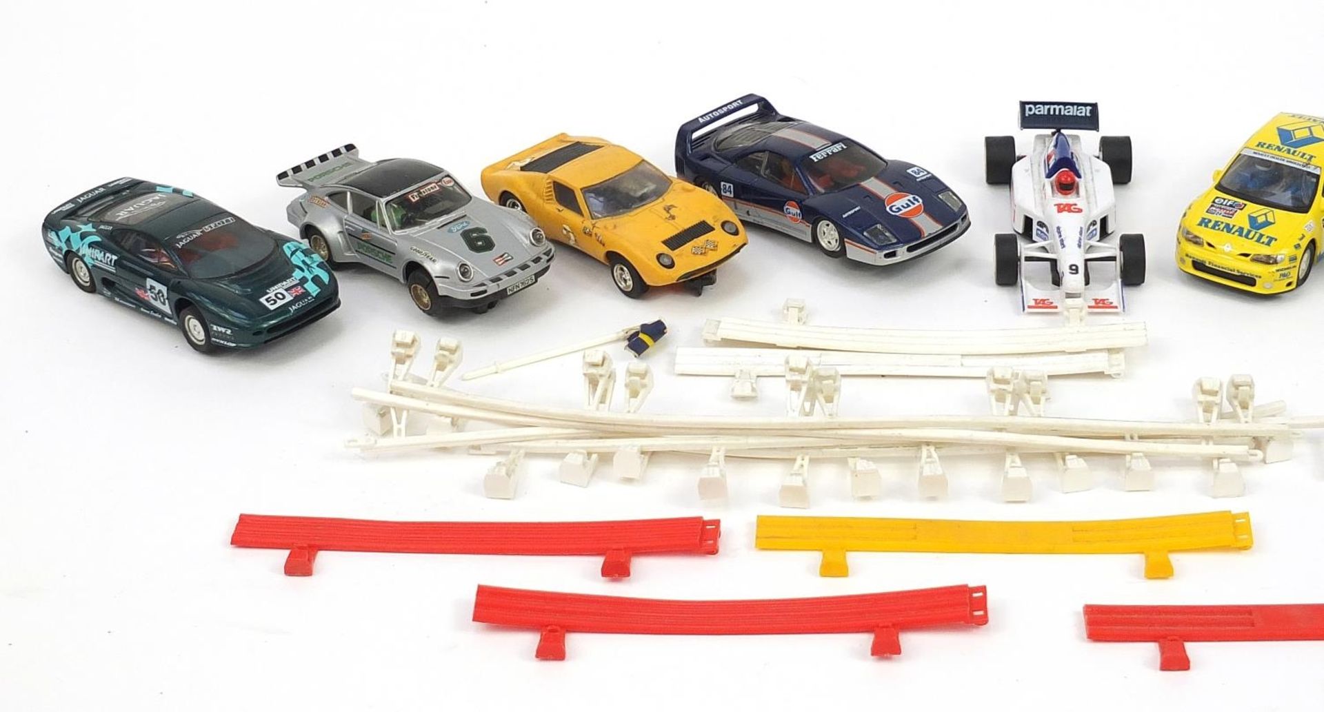 Group of vintage model racing cars and track including Scalextric, Hornby and enamelled Porsche fire - Image 2 of 3