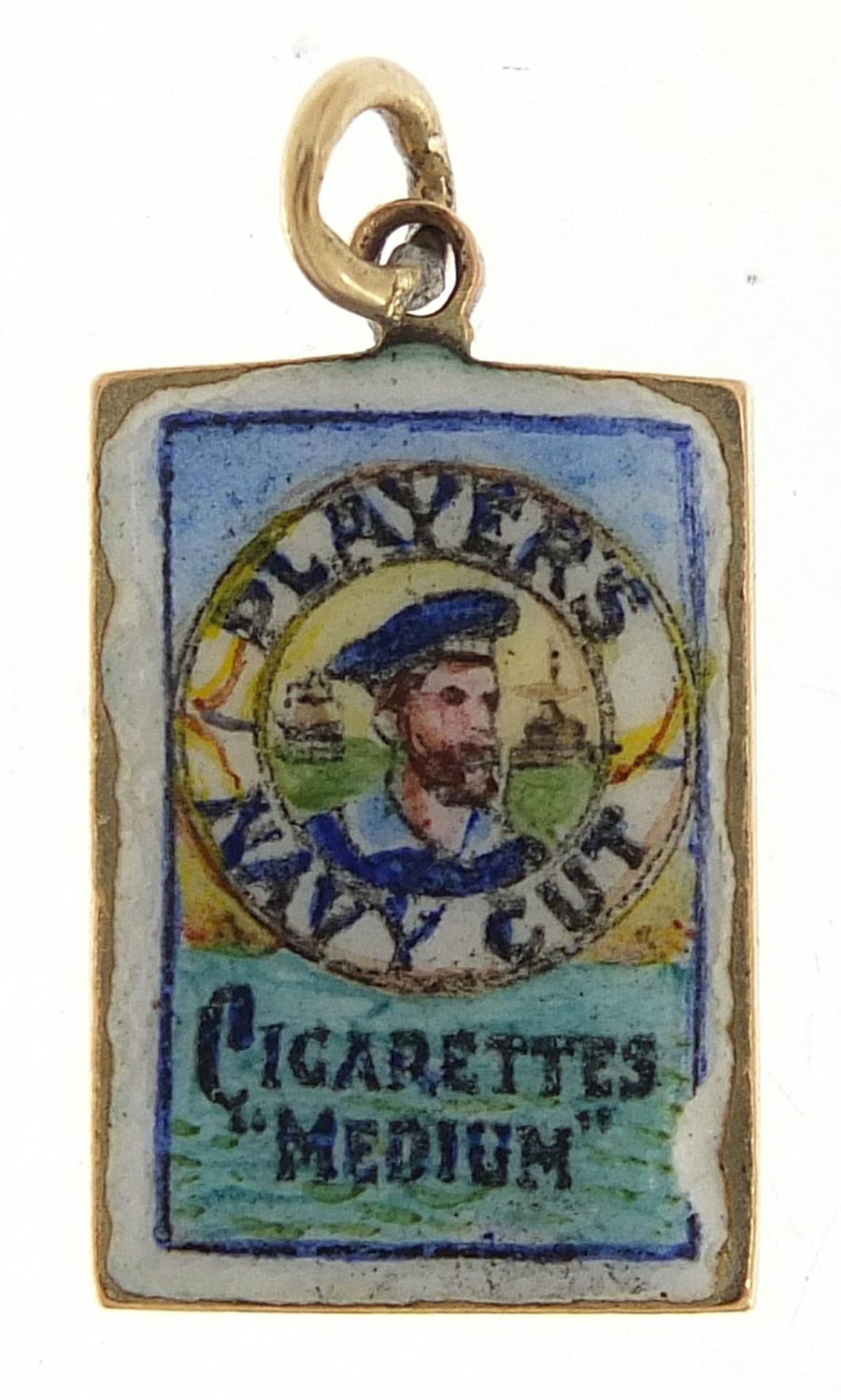 Unmarked gold and enamel Player's Cigarettes charm, 13cm high, 1.7g