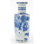Chinese blue and white porcelain Rouleau vase hand painted with a figure crossing a bridge in a