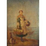 Coastal scene with female carrying basket, mounted and framed, 27cm x 19cm excluding the mount and