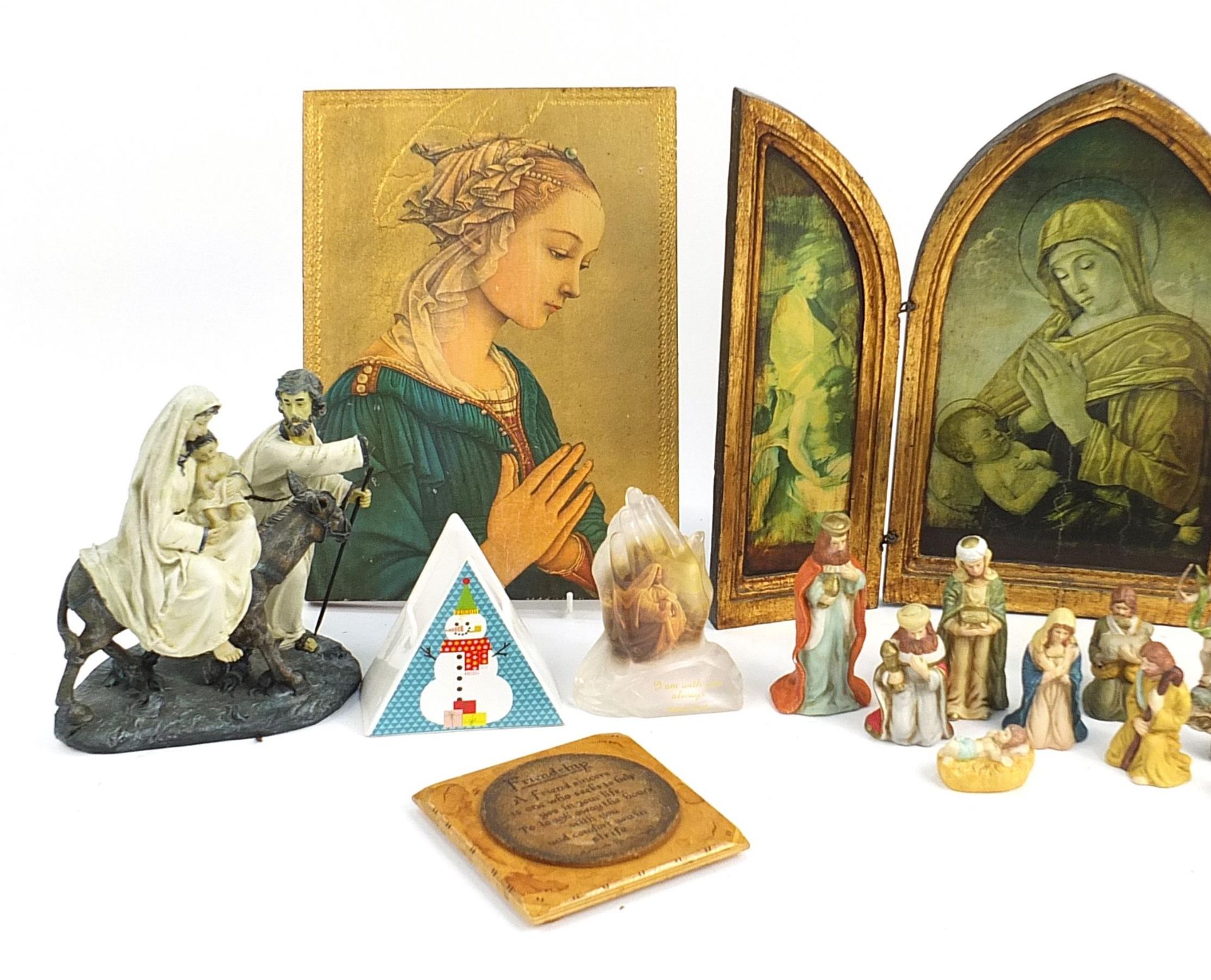 Religious items including ceramic nativity scene, angels and wooden ikons, the largest 40cm high - Image 2 of 4