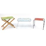 Retro items including a tin tray topped table on stand, canvas stool and black metal string stool,