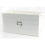 Wooden white painted 'Lovely Things' box with cut out handles, 33cm H x 53cm W x 36cm D