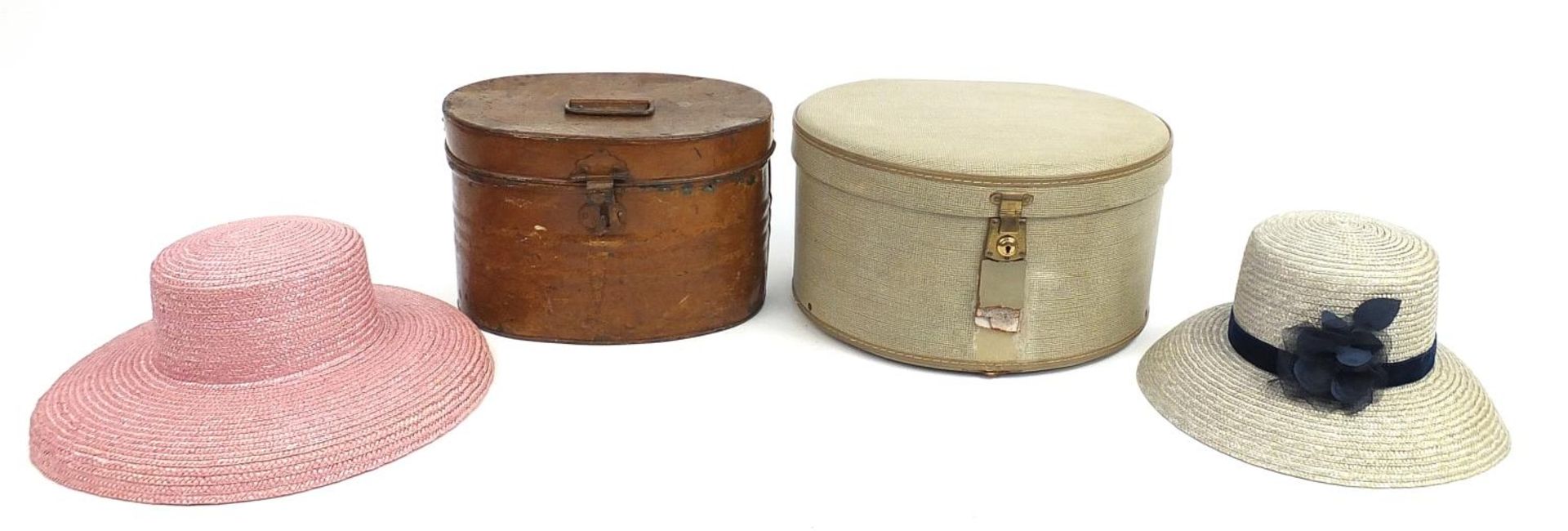 Victorian tin hat box, retro hat box and hats
