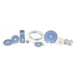 Assorted Wedgwood and Worcester ceramics including blue and white Jasperware vase, plates, pin