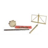 Rosewood flute, Notenstander metal music stand and a tambourine, the flute 65cm in length