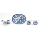 Wedgwood blue and white Willow pattern including two jugs, sauce boat and meat plate, the largest