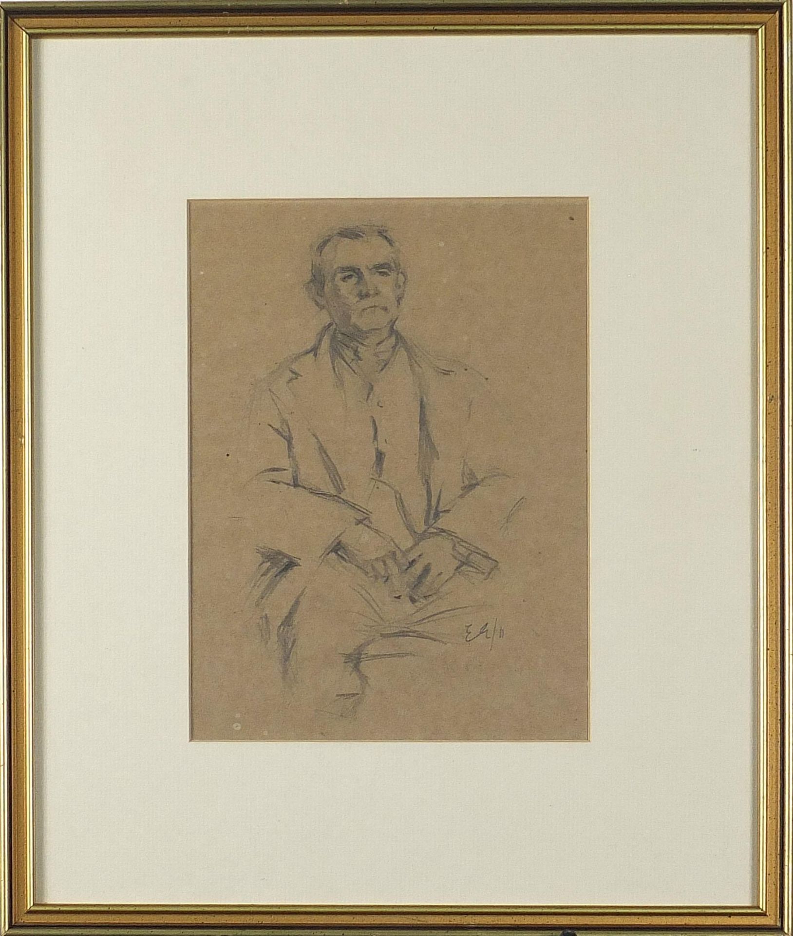 Seated gentleman wearing a suit, pencil drawing, monogrammed E G, mounted, framed and glazed, 23.5cm - Image 4 of 8