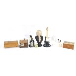 Assorted musical items including wooden music boxes, Nipper china dog, Parian bust of Beethoven