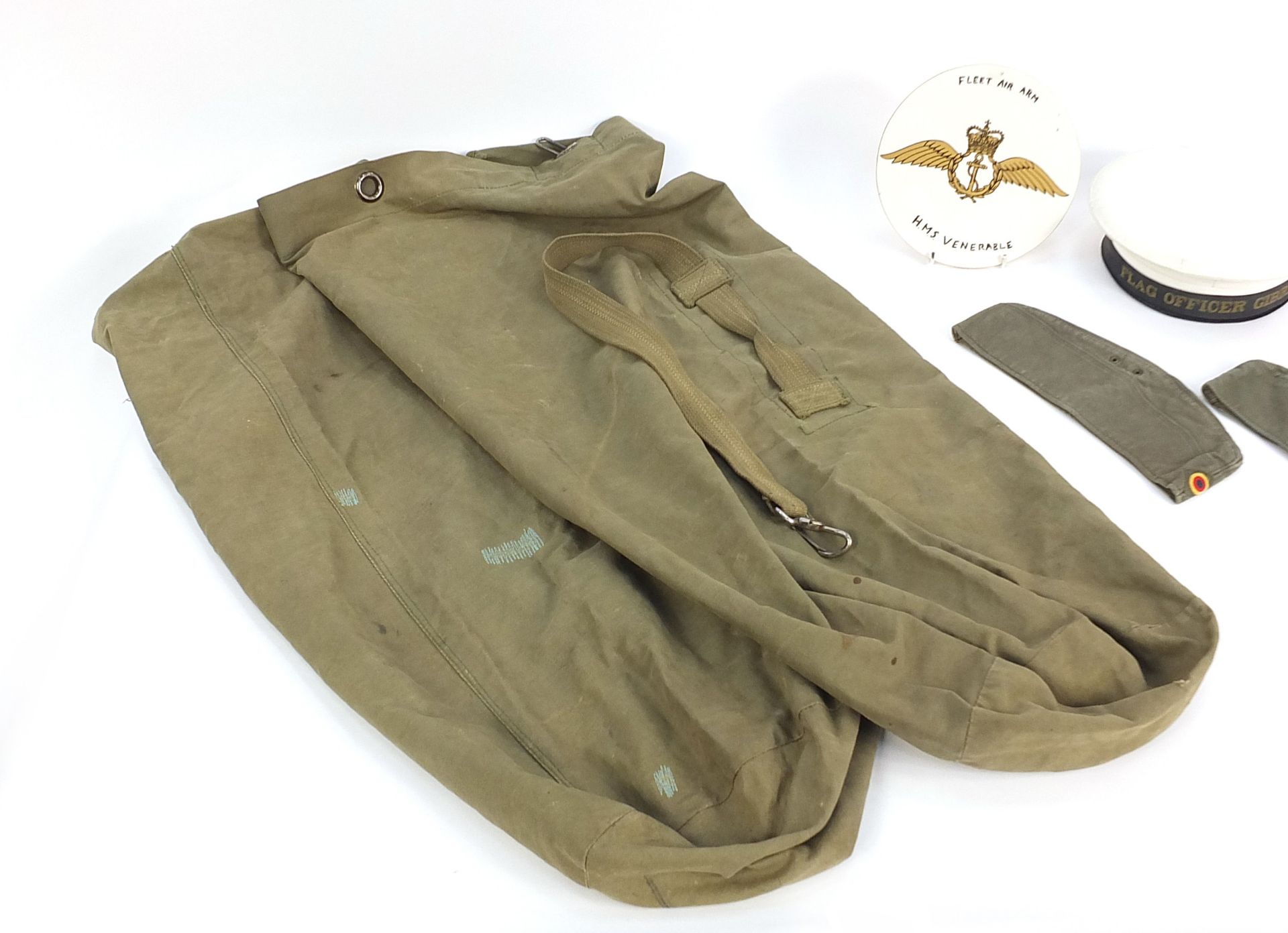 Flag Officer Gibraltar naval hat, Fleet Air Arm wooden plaque, two khaki military hats and two kit - Image 2 of 4