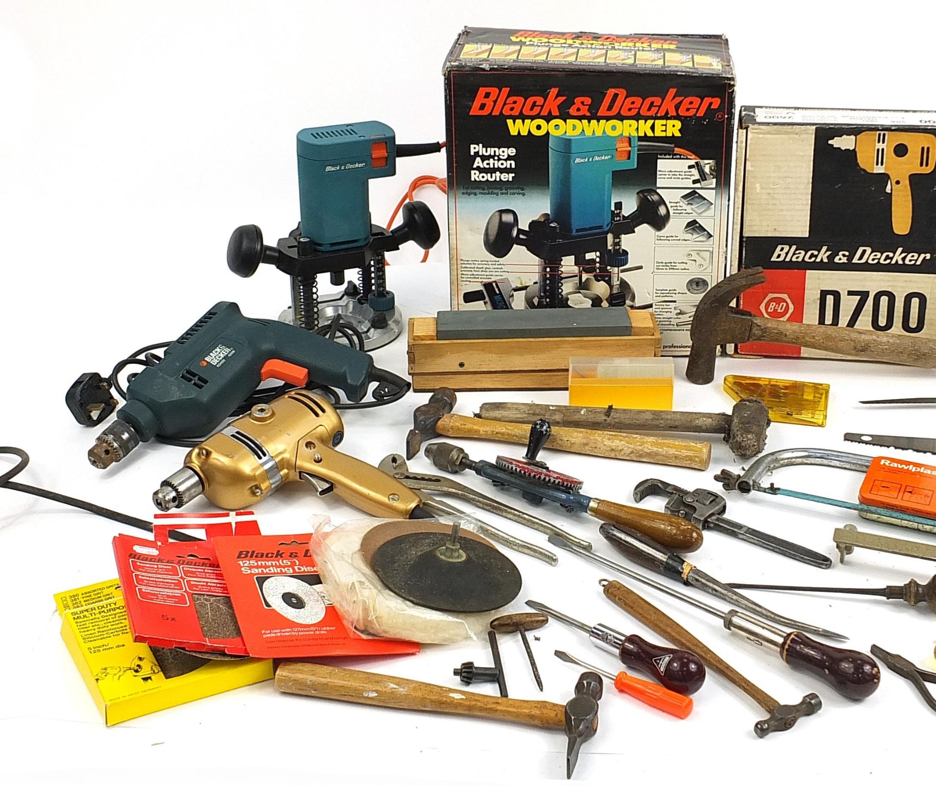 Assorted tools including Black & Decker drills, plunge action router, Wilkinson saw, retro drill - Image 2 of 3