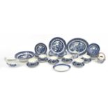 Churchill blue and white Willow pattern dinnerware including platter, dinner plates, cups and