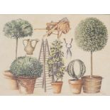 Bonsai trees and gardening implements with steps, print, mounted and framed, 40cm x 30cm excluding