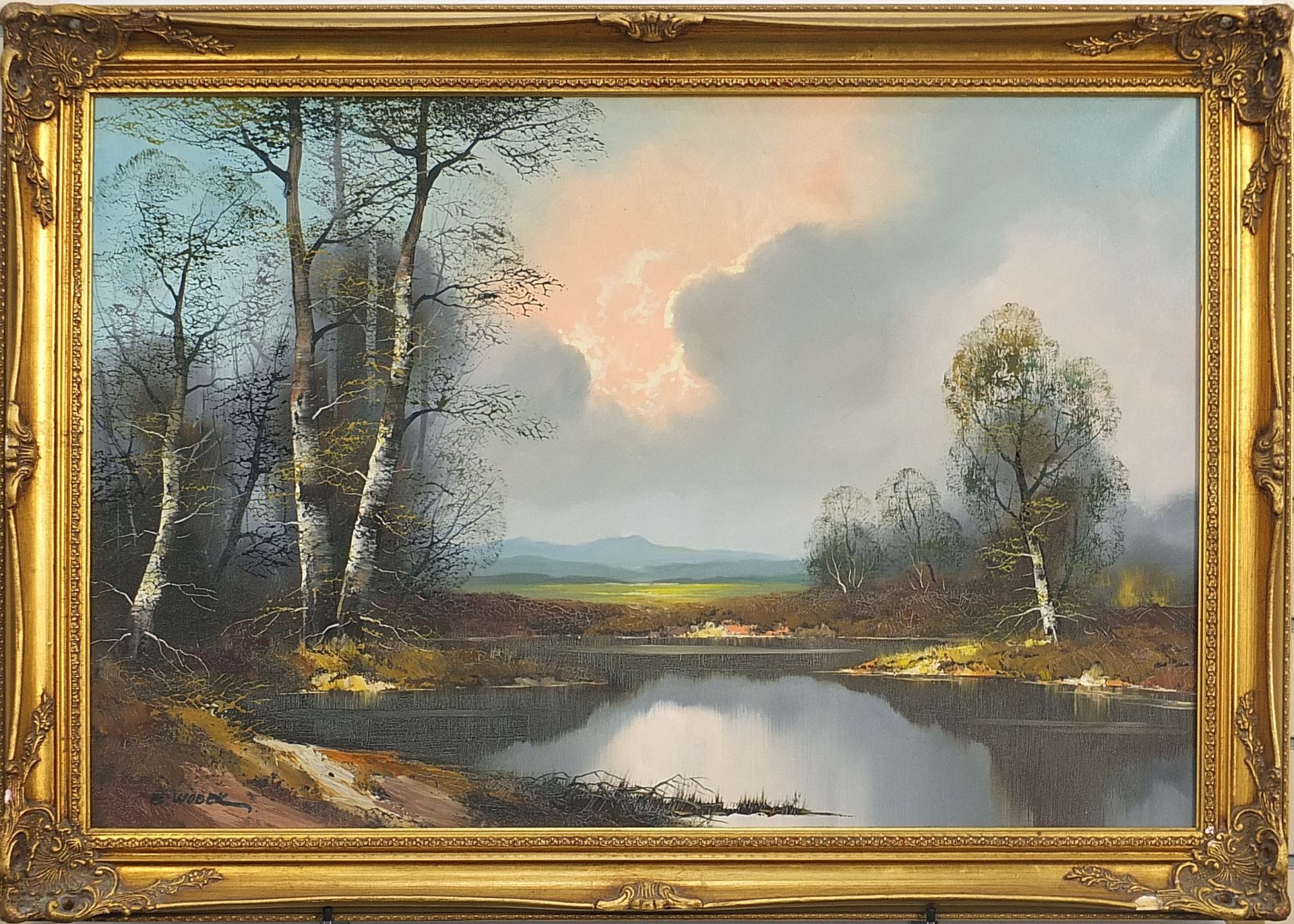 E Wobeck - Atmospheric pond scene at sunset, large oil on canvas, framed, 90cm x 60cm excluding - Image 2 of 4