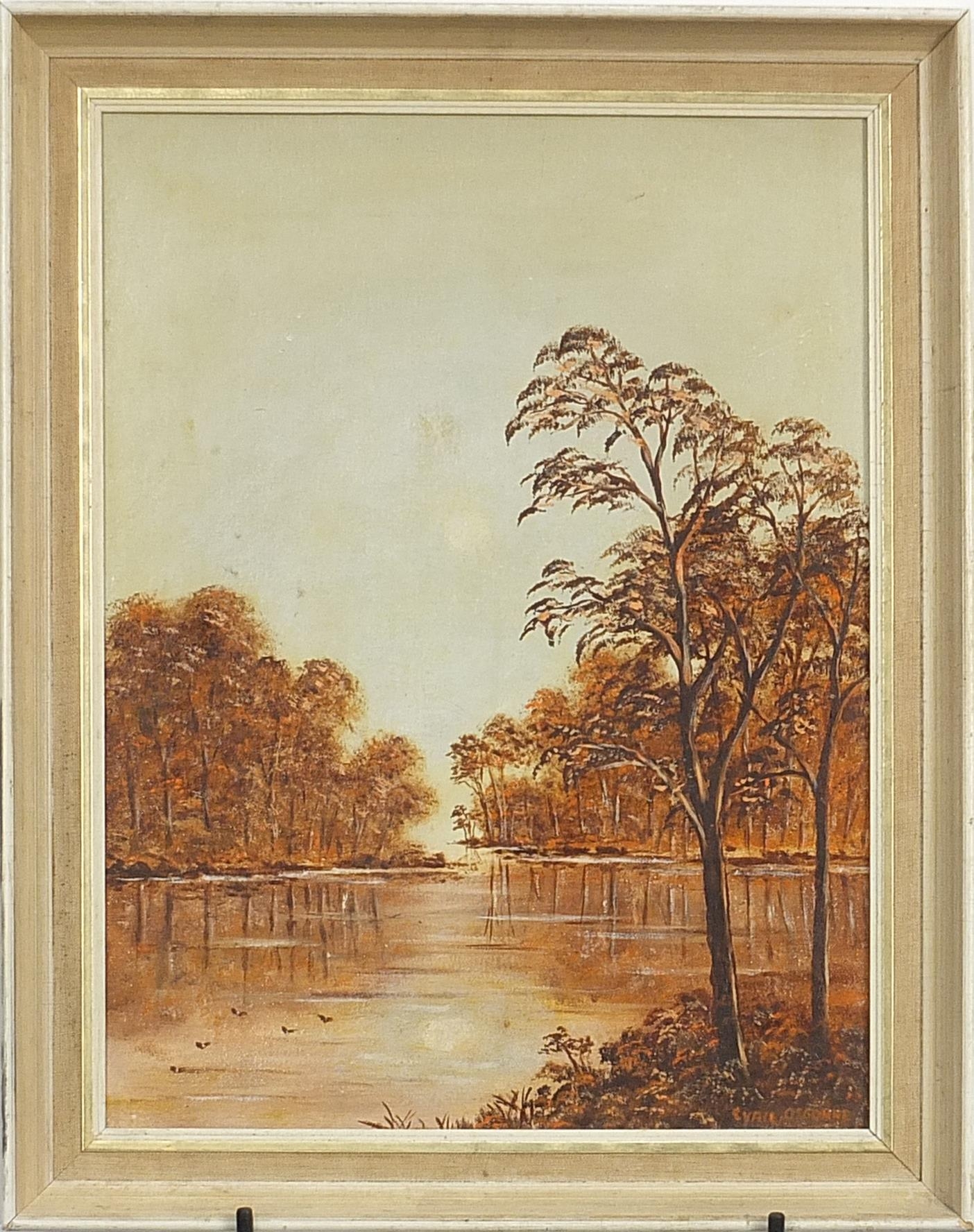 Cyril Osborne - Autumnal wooded lake, oil on board, mounted and framed, 53cm x 43cm - Image 2 of 4