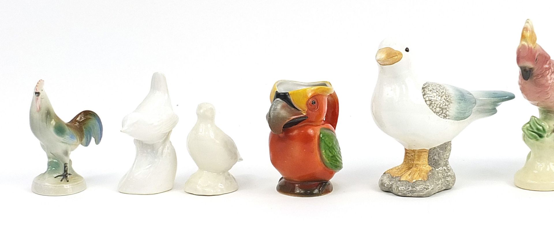 Selection of ceramic birds including parrot, swans, seagulls and cockerel, the largest 16cm high - Image 2 of 3