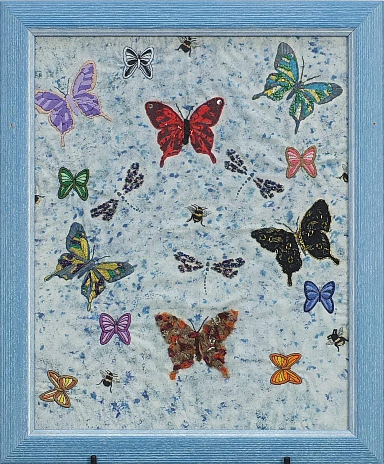 Butterfly and bee, silk work collage, framed, 57cm x 48cm