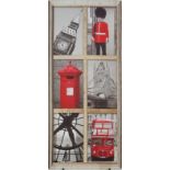 London including Beefeater, Postbox and London bus, oil on canvas print, 90cm high