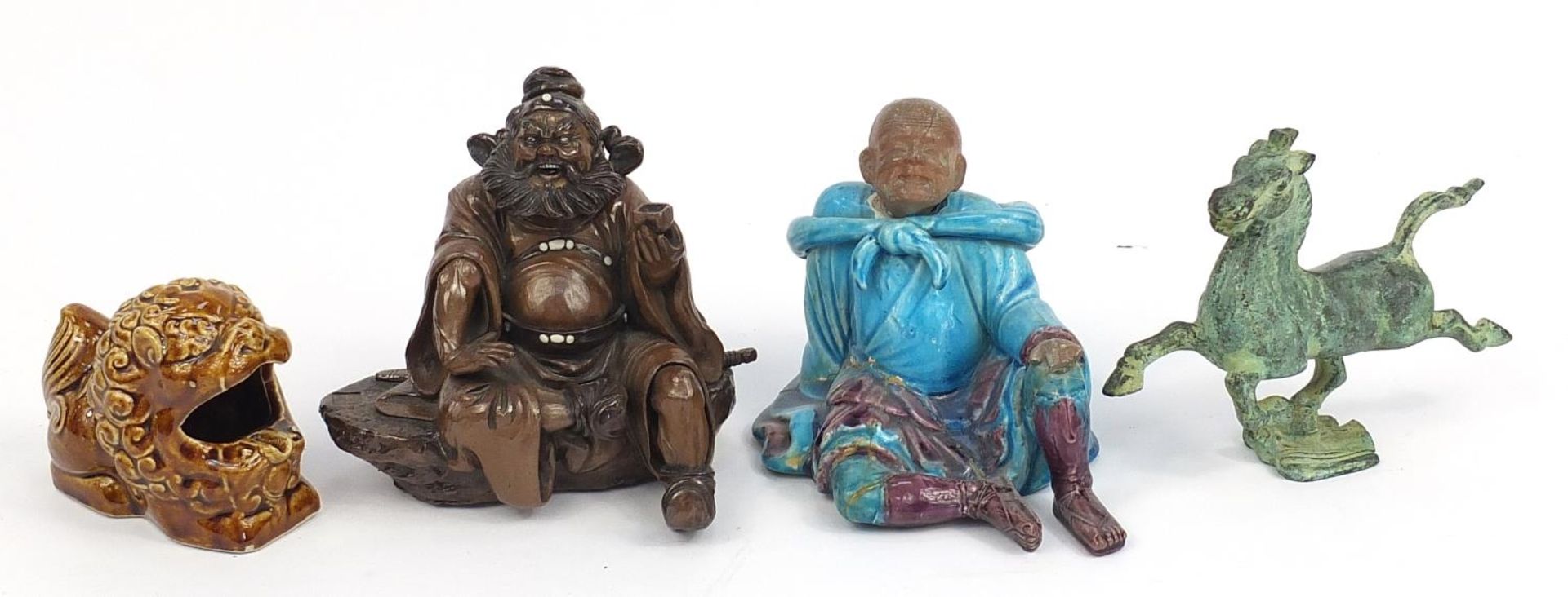 Two seated Chinese ceramic Elders, Foo dog and bronzed Tang style horse, the largest 19cm high