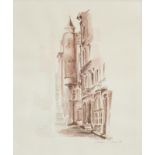 J Curtkey Olivery 86 - Continental street, sepia watercolour, mounted and framed, 60cm x 50cm