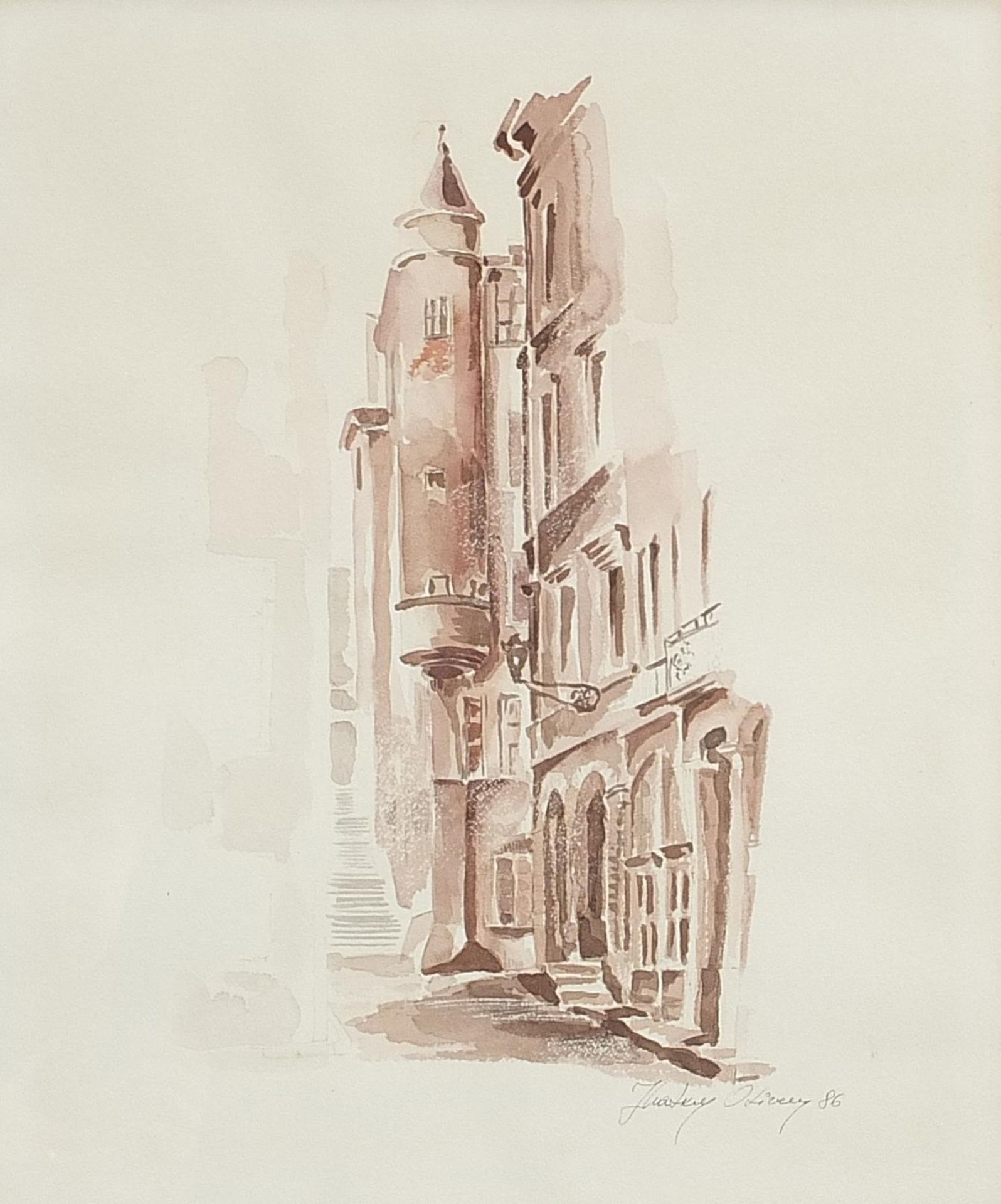 J Curtkey Olivery 86 - Continental street, sepia watercolour, mounted and framed, 60cm x 50cm