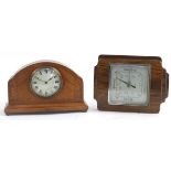 Edwardian inlaid mahogany mantle clock and oak barometer, the clock 15cm high