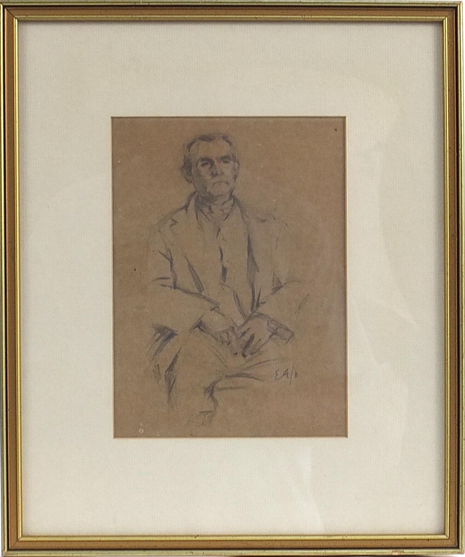 Seated gentleman wearing a suit, pencil drawing, monogrammed E G, mounted, framed and glazed, 23.5cm - Image 3 of 8