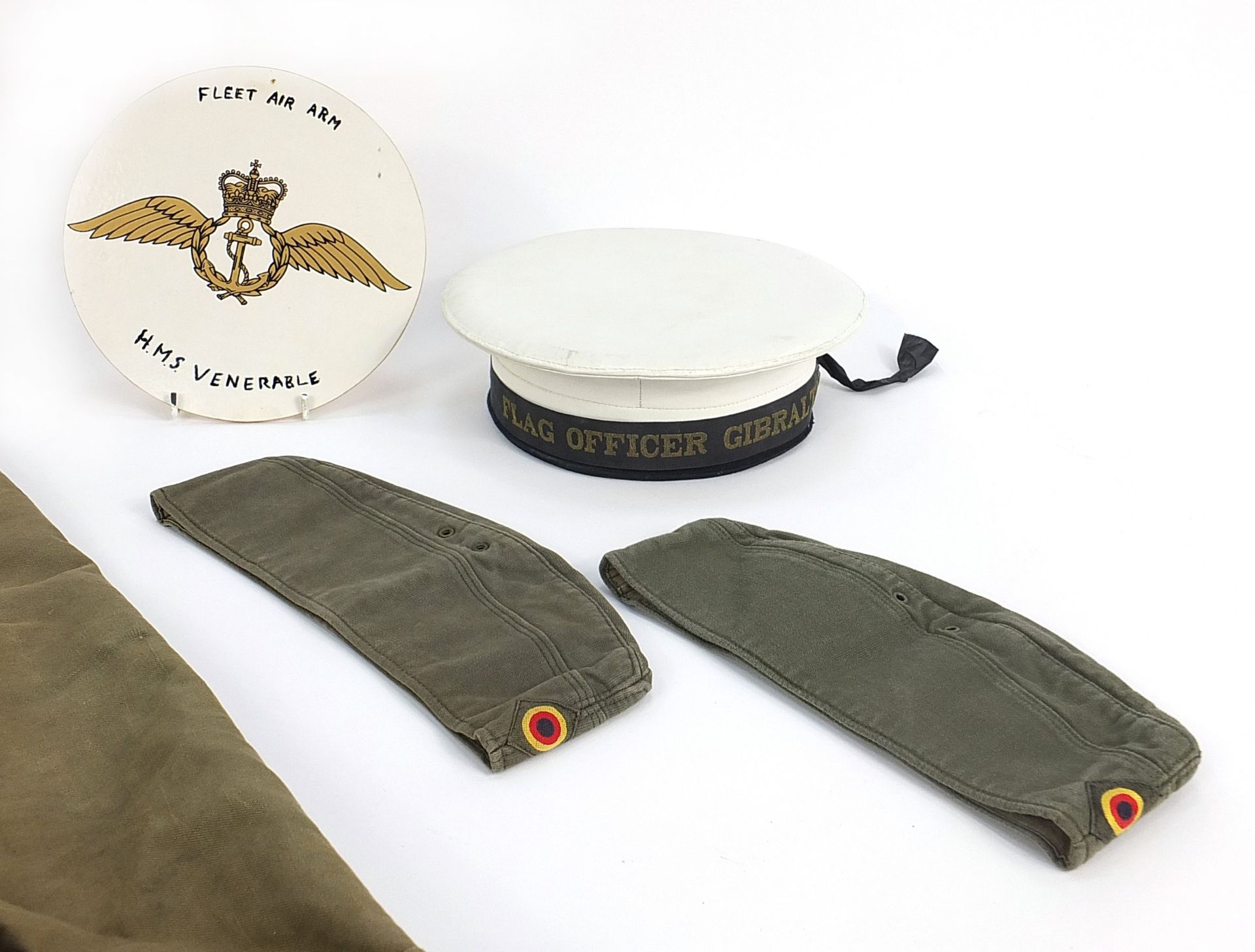 Flag Officer Gibraltar naval hat, Fleet Air Arm wooden plaque, two khaki military hats and two kit - Image 3 of 4