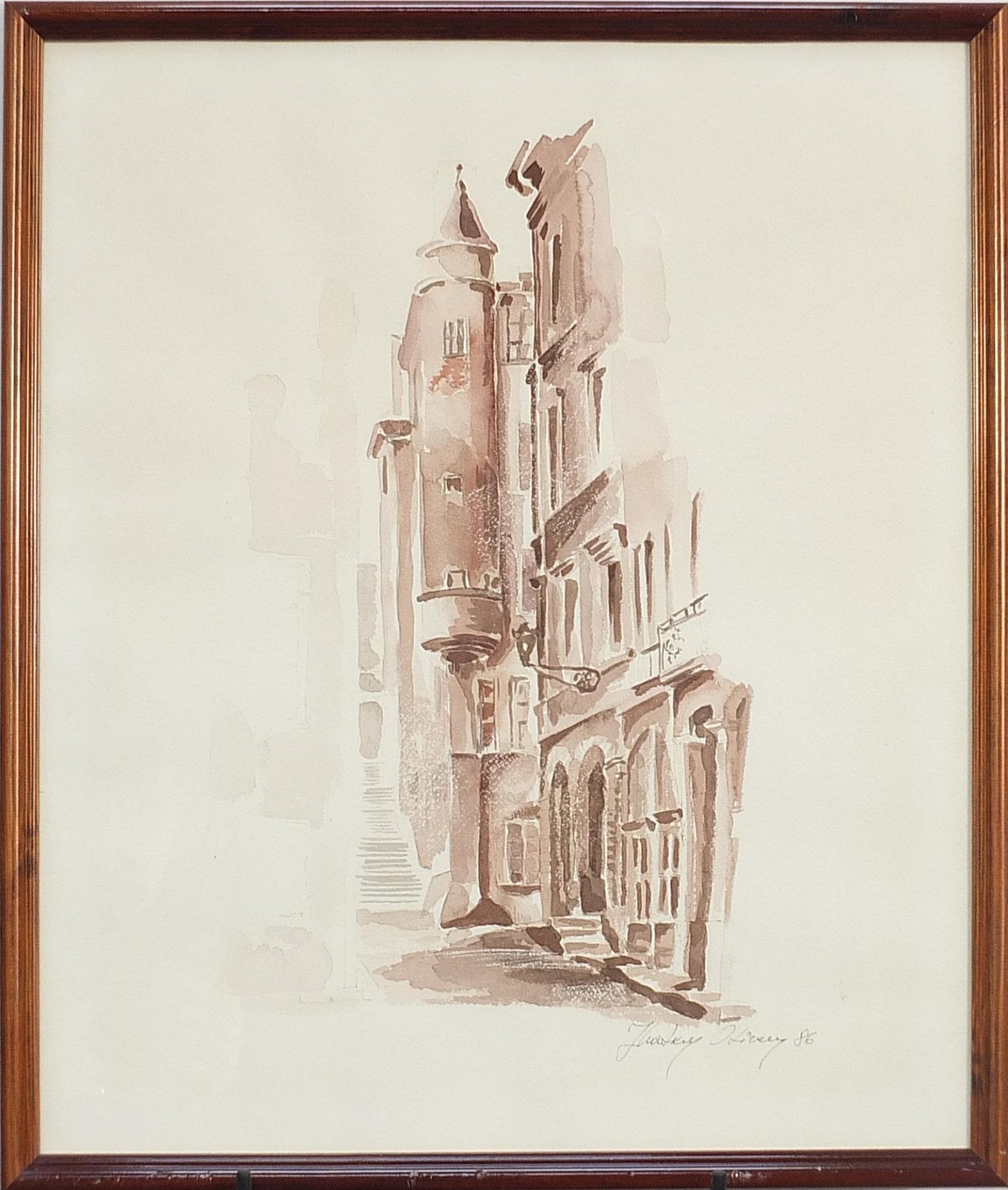 J Curtkey Olivery 86 - Continental street, sepia watercolour, mounted and framed, 60cm x 50cm - Image 2 of 4