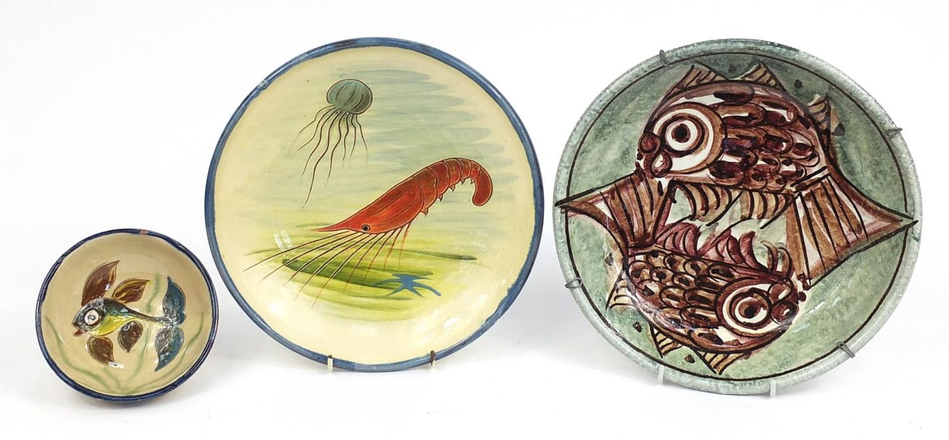 Hand painted lobster design pottery plate, fish design plate and small fish design bowl, the largest