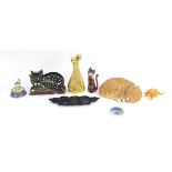 Selection of cat related items including wooden letter rack, ceramic dish and sleeping ginger cat,