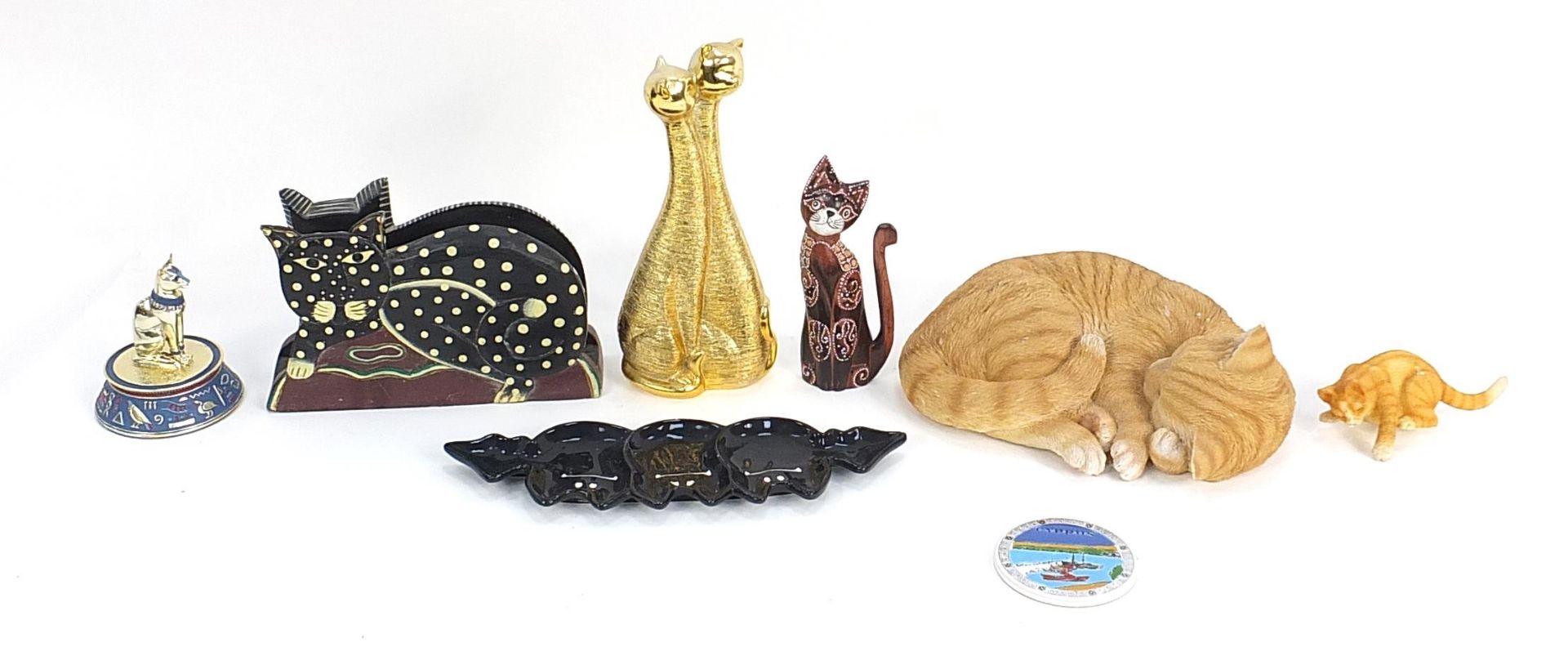 Selection of cat related items including wooden letter rack, ceramic dish and sleeping ginger cat,