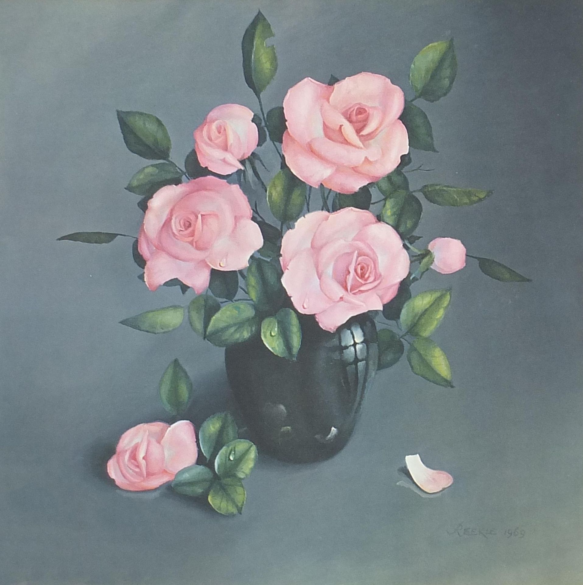 Pink Roses, floral print, mounted and framed, 48cm x 48cm excluding the mount and frame