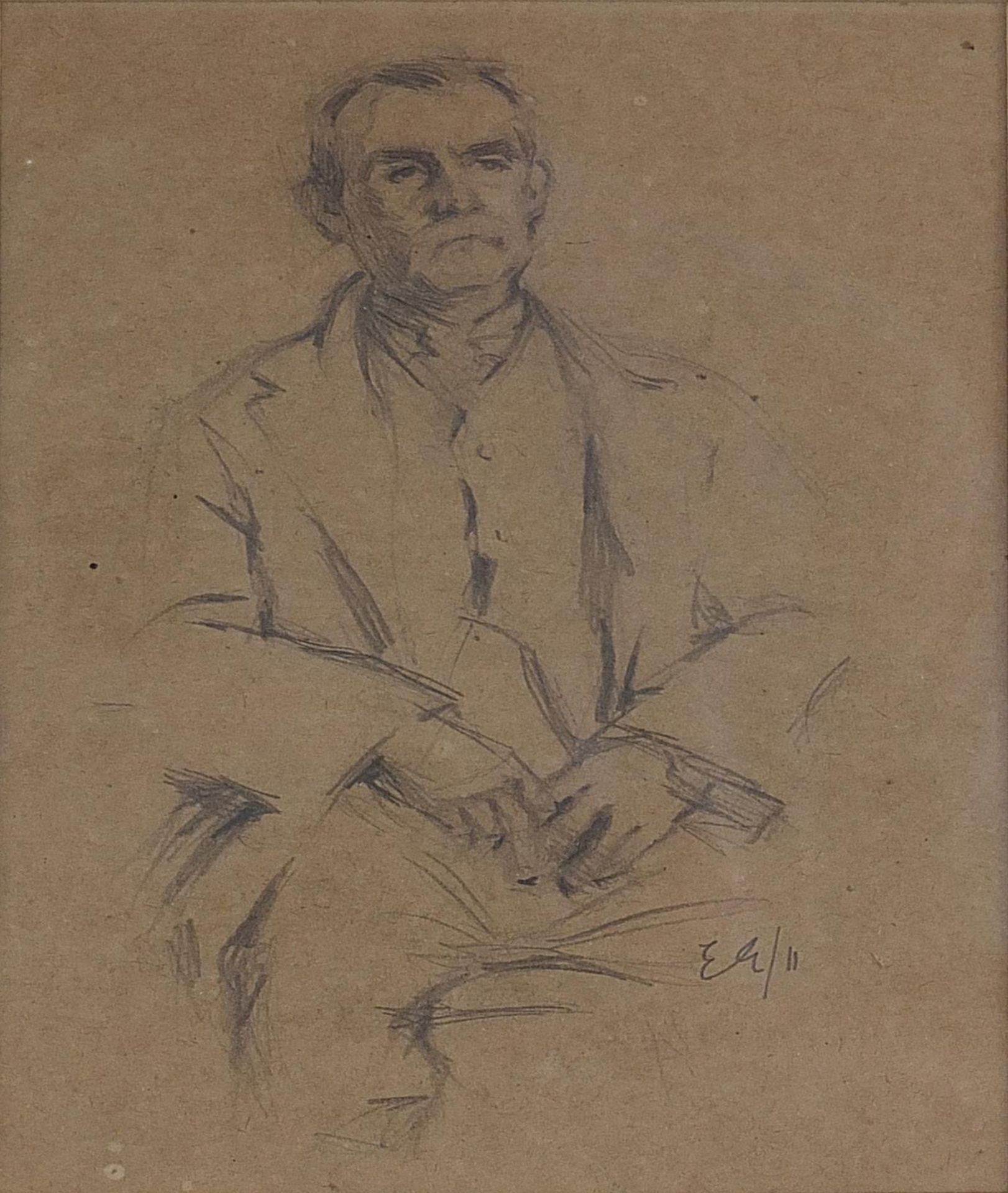 Seated gentleman wearing a suit, pencil drawing, monogrammed E G, mounted, framed and glazed, 23.5cm - Image 2 of 8