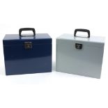 Blue metal lockable filing case and similar grey metal lockable filing case, 30cm H x 37cm W x